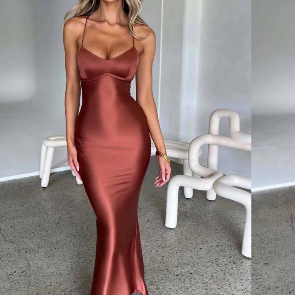 Sleek Satin Halter Maxi Dress in Copper